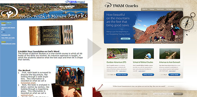 A screenshot of the YWAM Ozarks website before and after